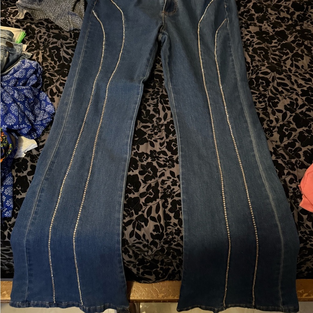 Vocal Blue Flare Wide Leg Jeans with Striking Stripes